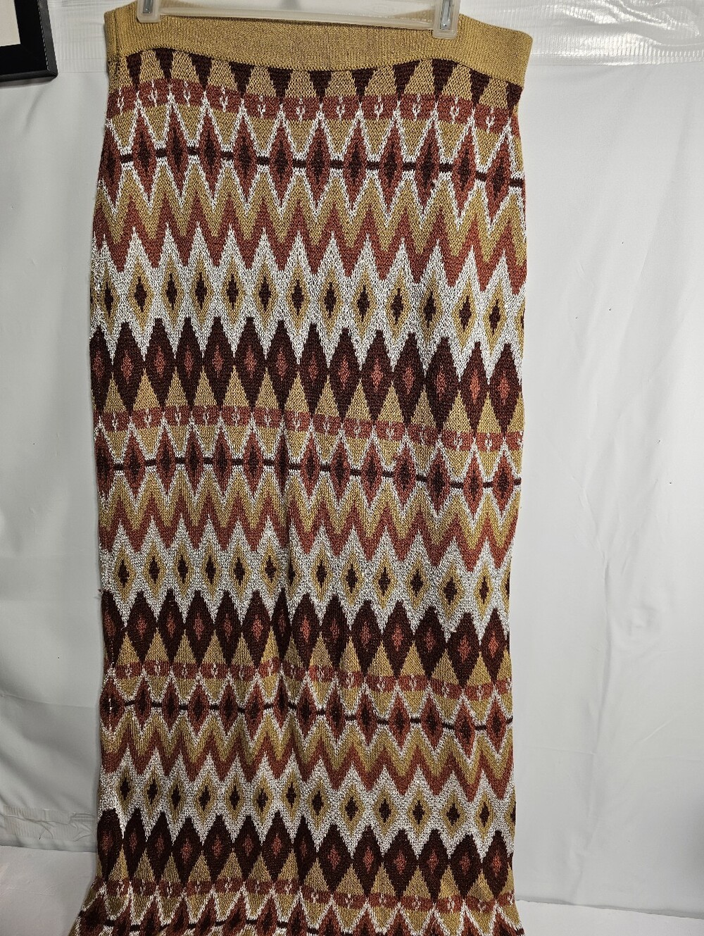 Free People Knit Maxi Skirt Size L — Geometric Diamond Print, Brown Rust Cream